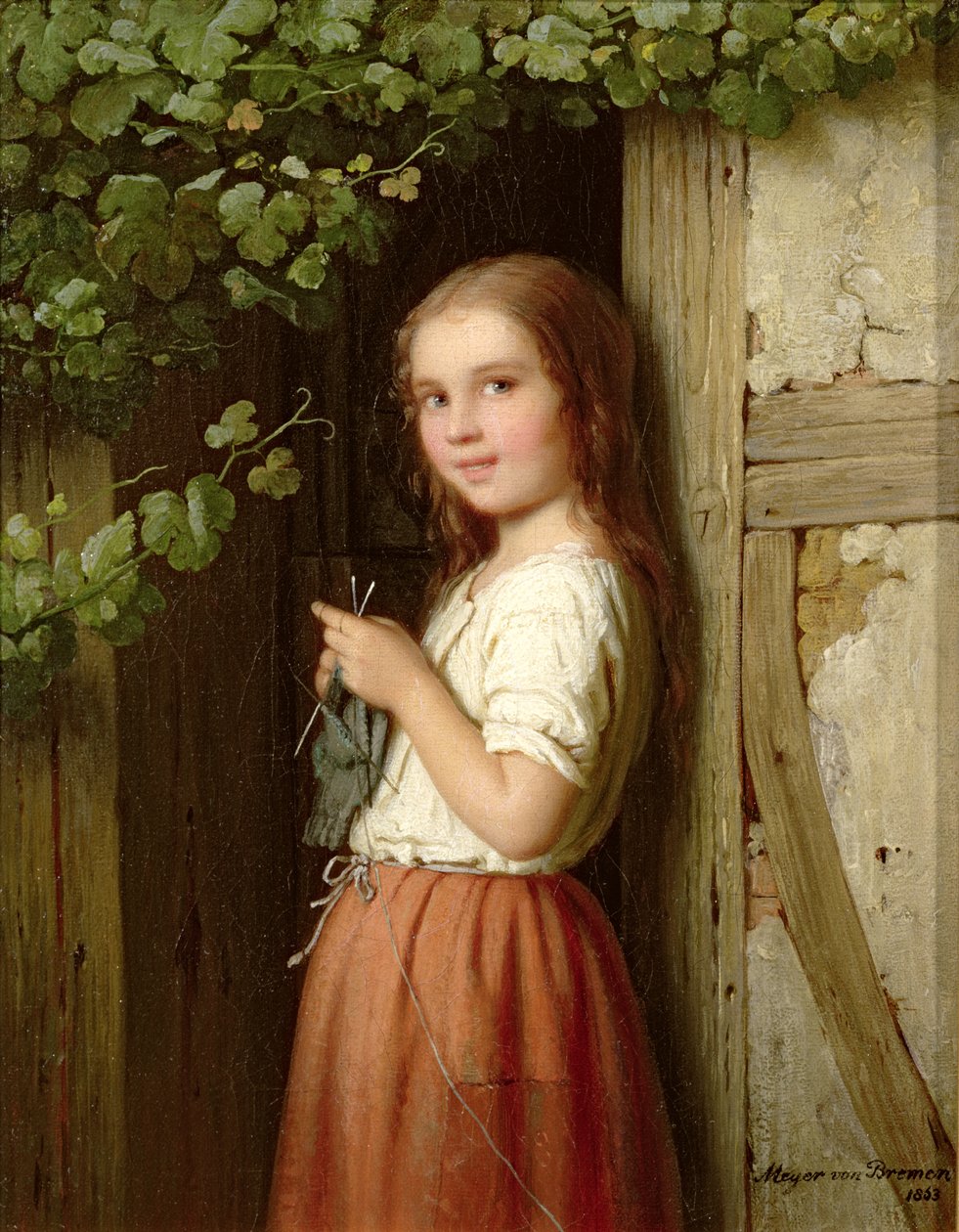 Ung jente som står i en døråpning og strikker, 1863 av Johann Georg Meyer von Bremen