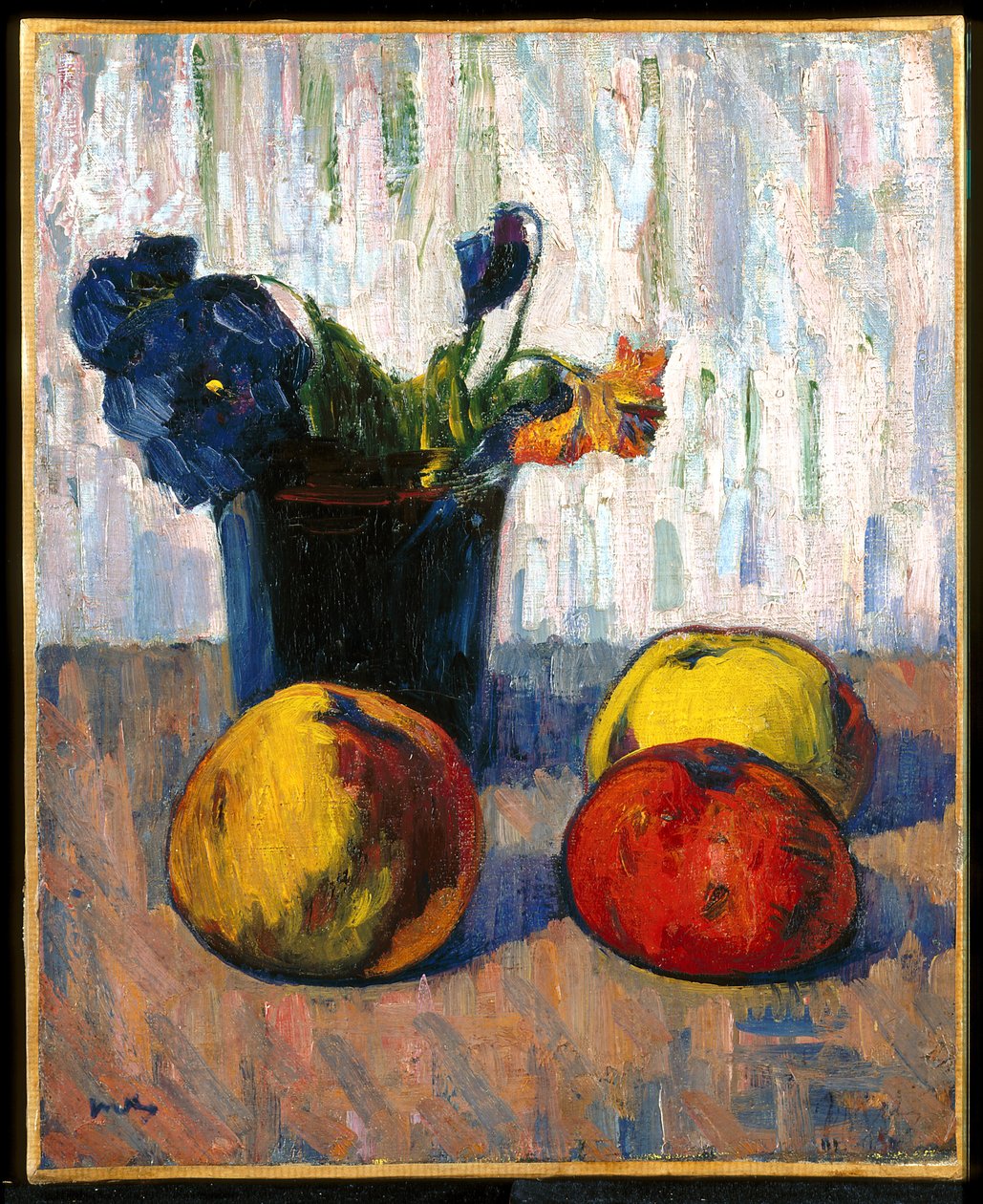 Stilleben med epler og vase med blomster (olje på lerret) av Meyer Isaac de Haan