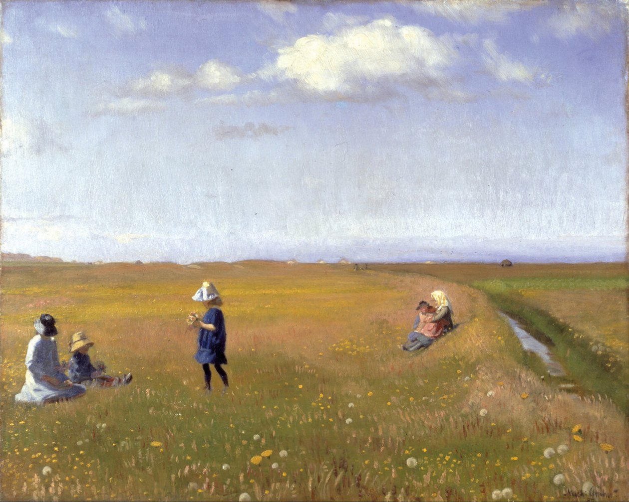 Barn og unge jenter plukker blomster på en mark nord for Skagen av Michael Peter Ancher