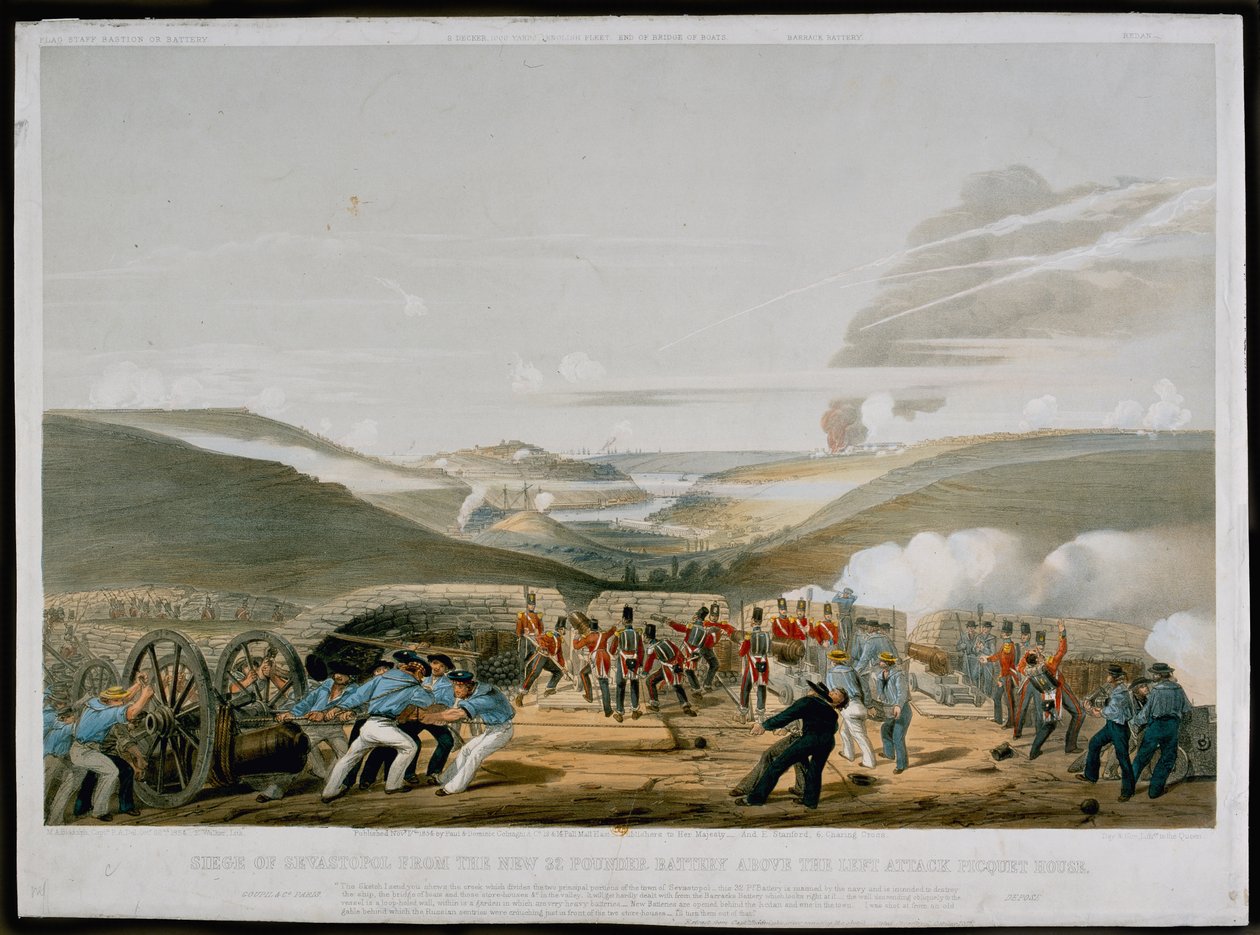 Beleiring av Sevastopol fra 32 punds batteri over Left Attack Picquet House, gravert av Walker, publisert 1854 av Michael Biddulph
