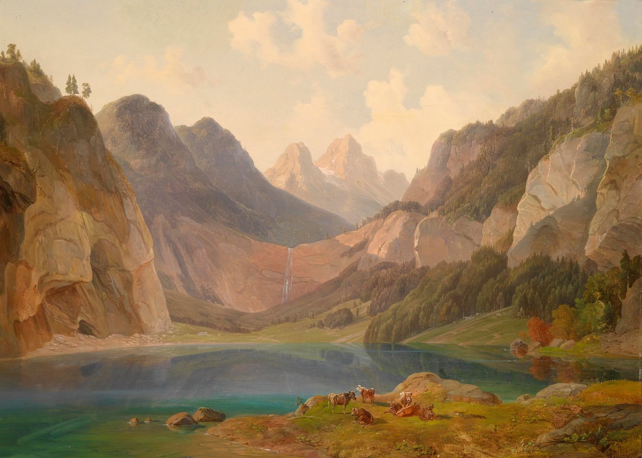 Fjellandskap med hvilende flokk med dyr i forgrunnen av Michael Lueger