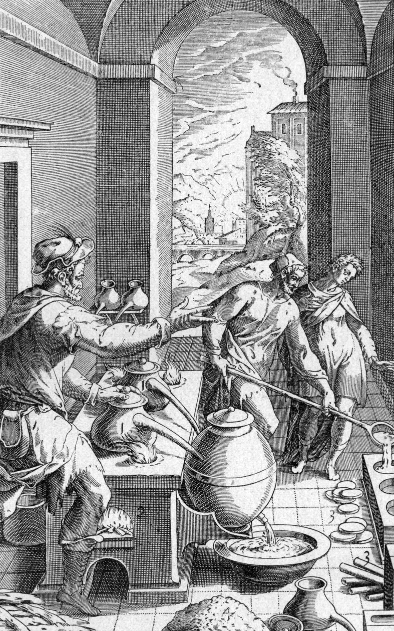En alkymist i verkstedet hans, gravering fra Metallotheca av Michele Mercati (1541-1593) pub. 1719 av Michael Mercator