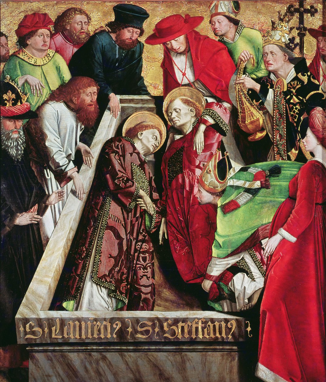 Begravelse av St. Stephen og St. Lawrence i Roma, fra altertavlen til St. Stefan, ca. 1470 av Michael Pacher