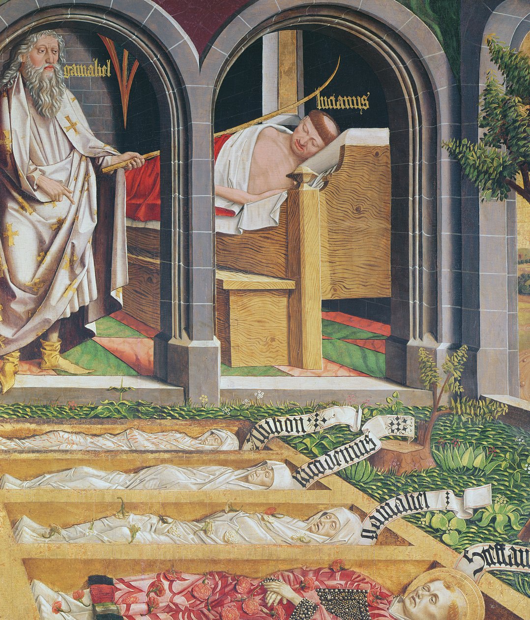 Åpenbaringen av Gamaliel til presten, Lucien, fra altertavlen til St. Stefan, ca. 1470 av Michael Pacher