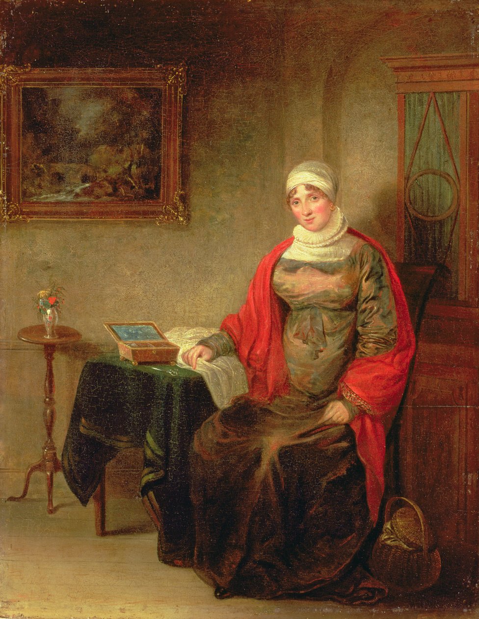 Portrett av fru John Crome sittende ved et bord ved en åpen arbeidsboks av Michael William Sharp