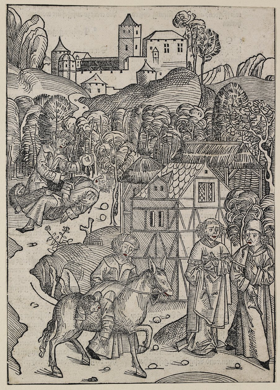 Den andre delen av lignelsen om den barmhjertige samaritan, ca. 1491 (tresnitt, overarbeidet med rød akvarell, verso boktrykk) av Michael Wolgemut