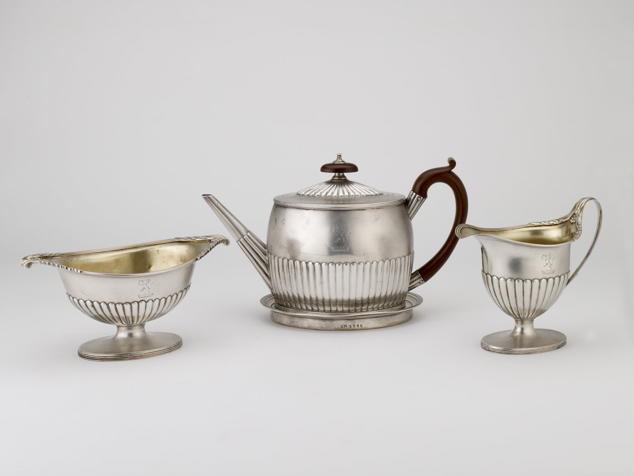 Tekanne og stativ, fløtekanne, sukkerskål, 1794-1795 (sølv) av Michael and Scofield, John Plummer