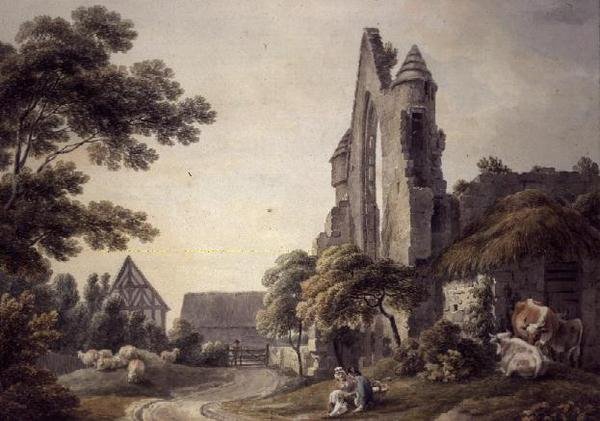 Et ødelagt kloster nær et gårdstun (akvarell) av Michael Rooker