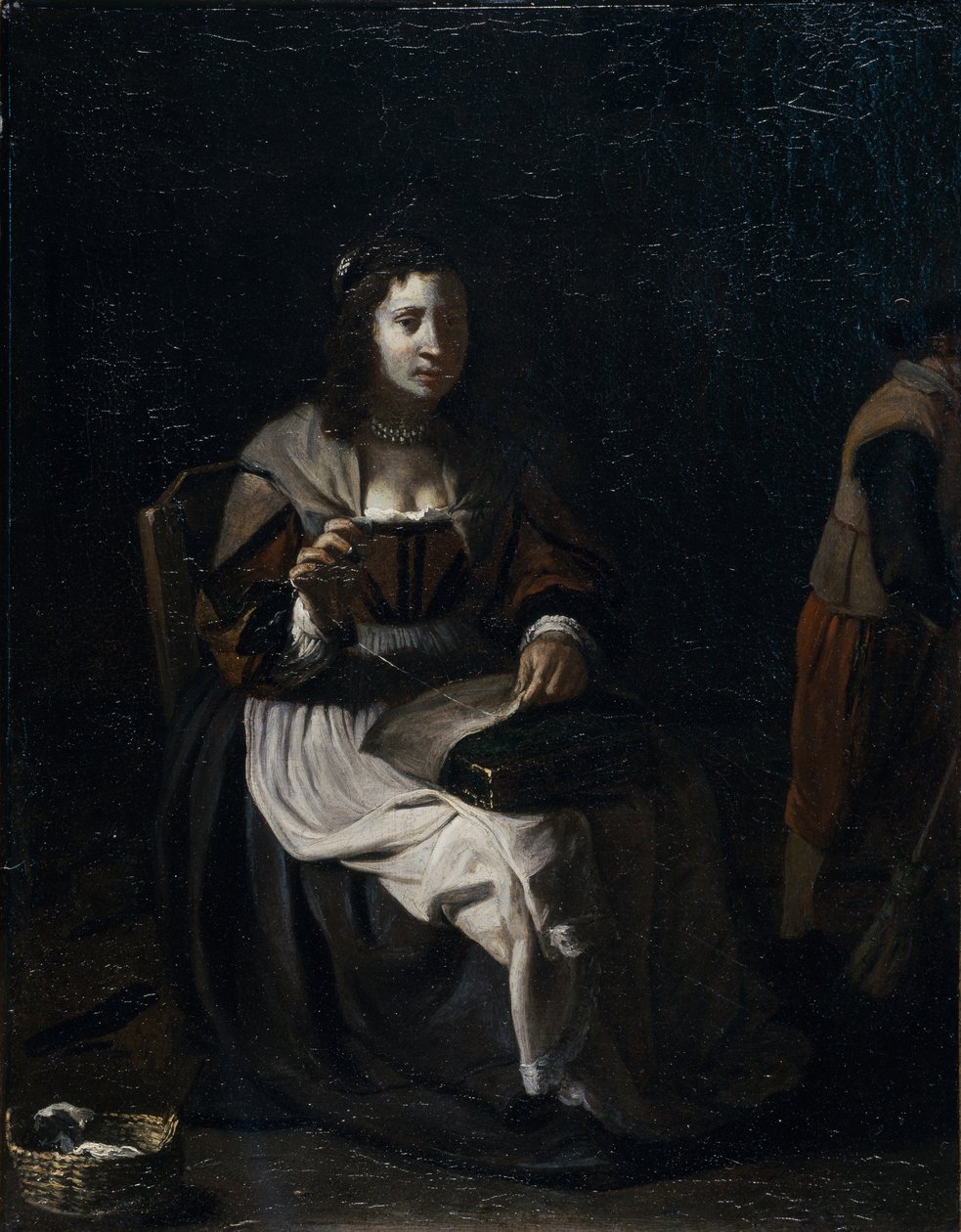 En kvinne som syr (olje på lerret) av Michael (attr. to) Sweerts