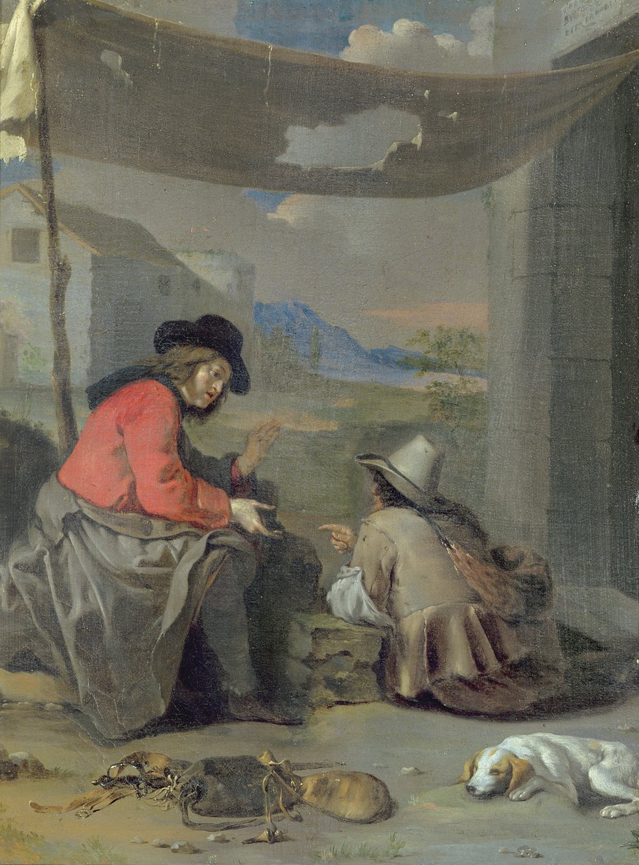 To figurer som sitter med en hund (olje om bord) av Michael (attr. to) Sweerts