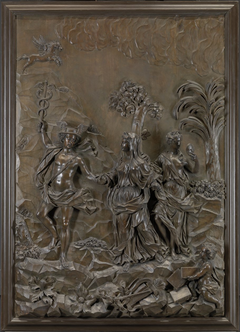 The Stowe Reliefs: Mercury Conducting Tragic and Comic Poetry to the Hill of Parnassus, ca. 1740 (bronsert limewood) av Michael (attr.to) Chuke