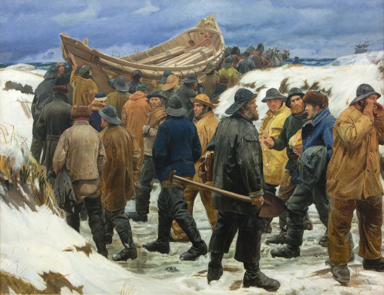 Redningsbåten er tatt gjennom sanddynene av Michael Ancher