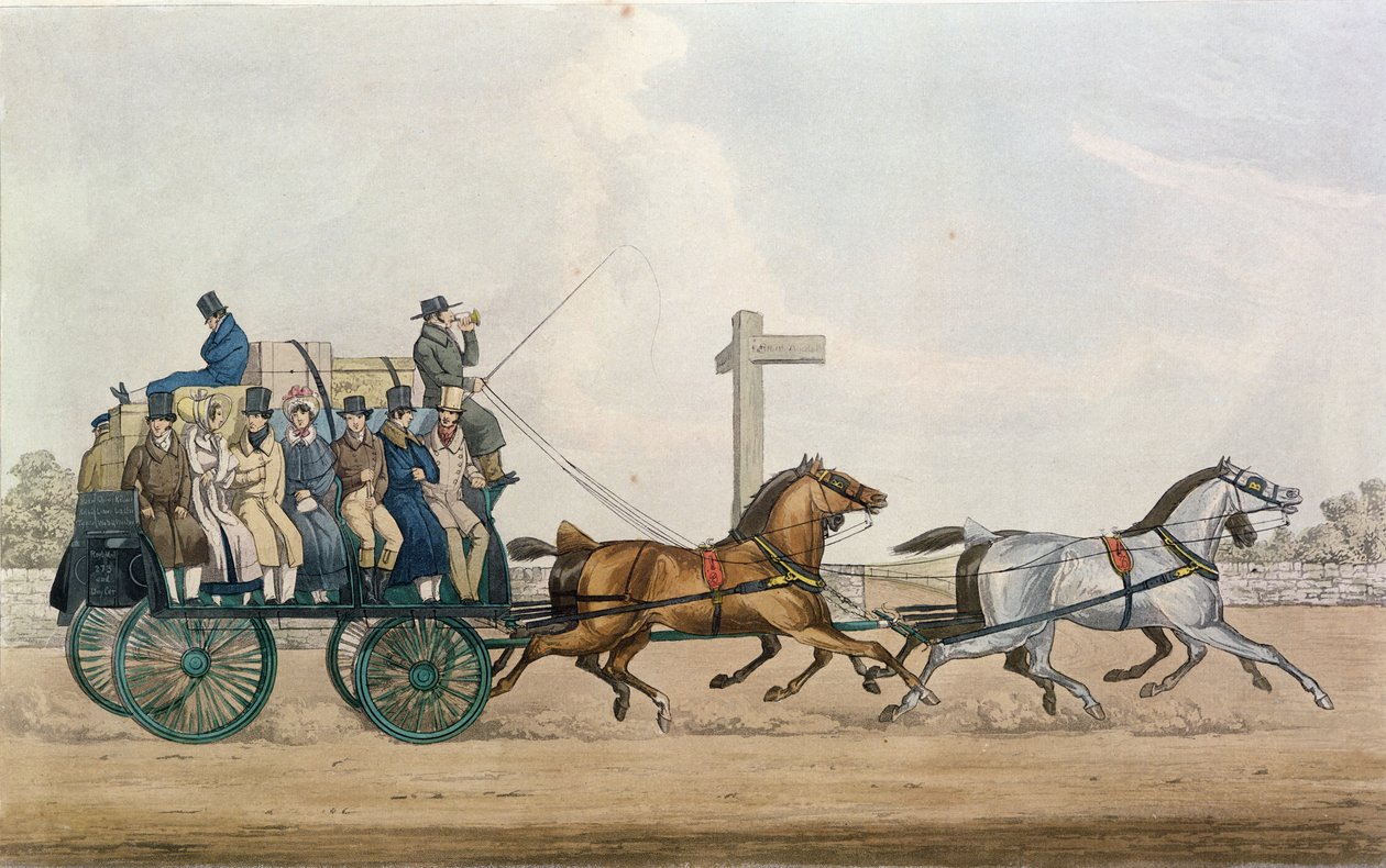 Arriving at the End of a Stage, gravert av J. Harris, 1856 av Michael Angelo Hayes