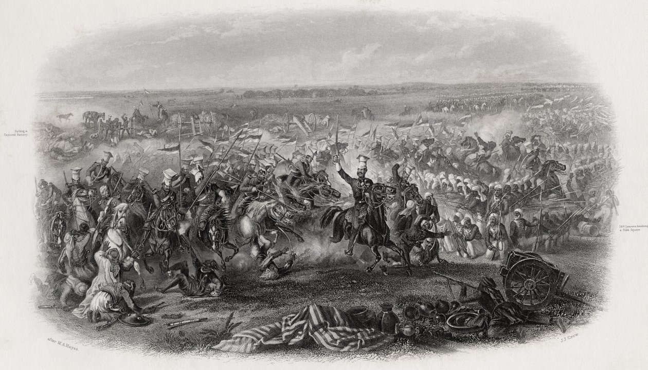 Slaget ved Aliwal, India, 28. januar 1846, gravert av J.J. Mannskap av Michael Angelo Hayes