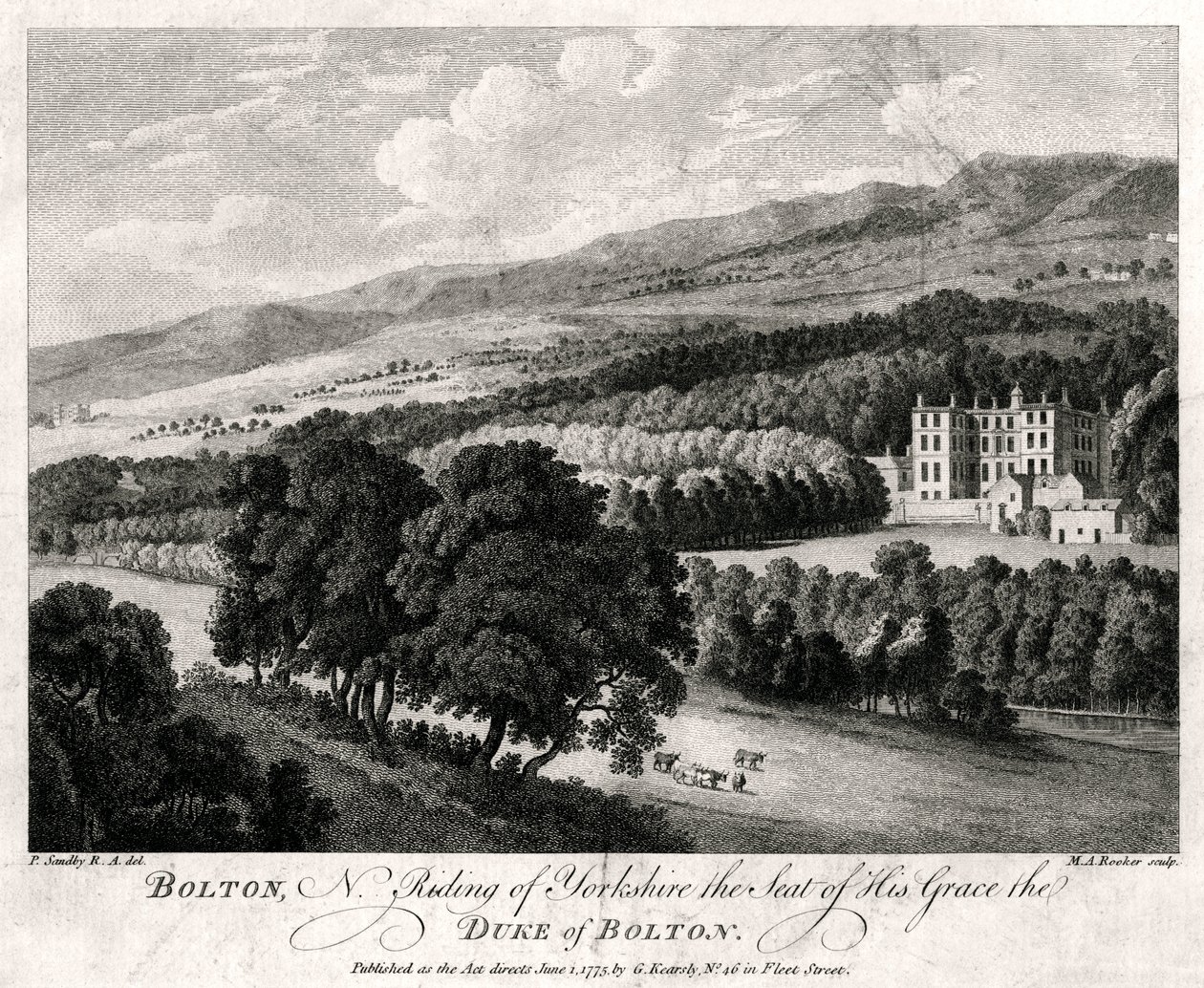 Bolton, North Riding of Yorkshire, sete for hans nåde, hertugen av Bolton, 1775 av Michael Angelo Rooker