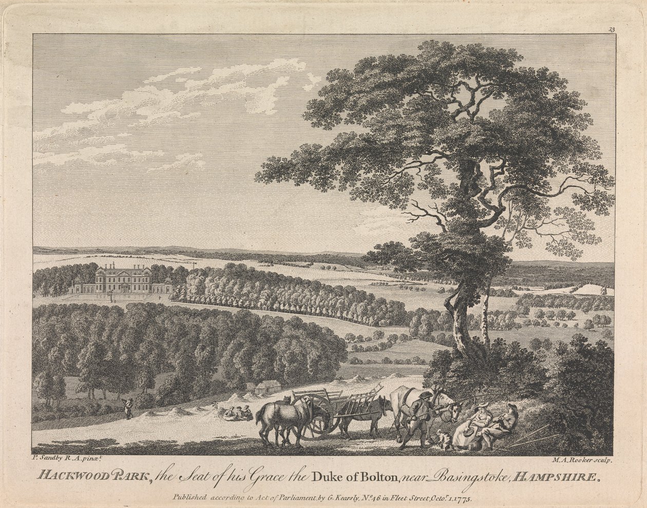 Hackwood Park, setet for hans nåde, hertugen av Bolton, nær Basingstoke, Hampshire (utgitt av G. Kearsly); side 19 (bind to) av Michael Angelo Rooker