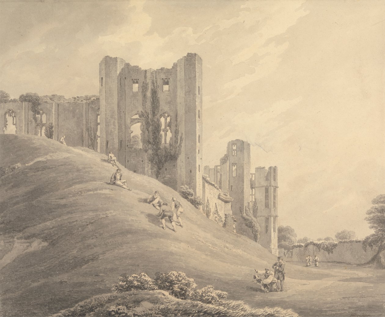 Kenilworth Castle, med figurer på åssiden av Michael Angelo Rooker