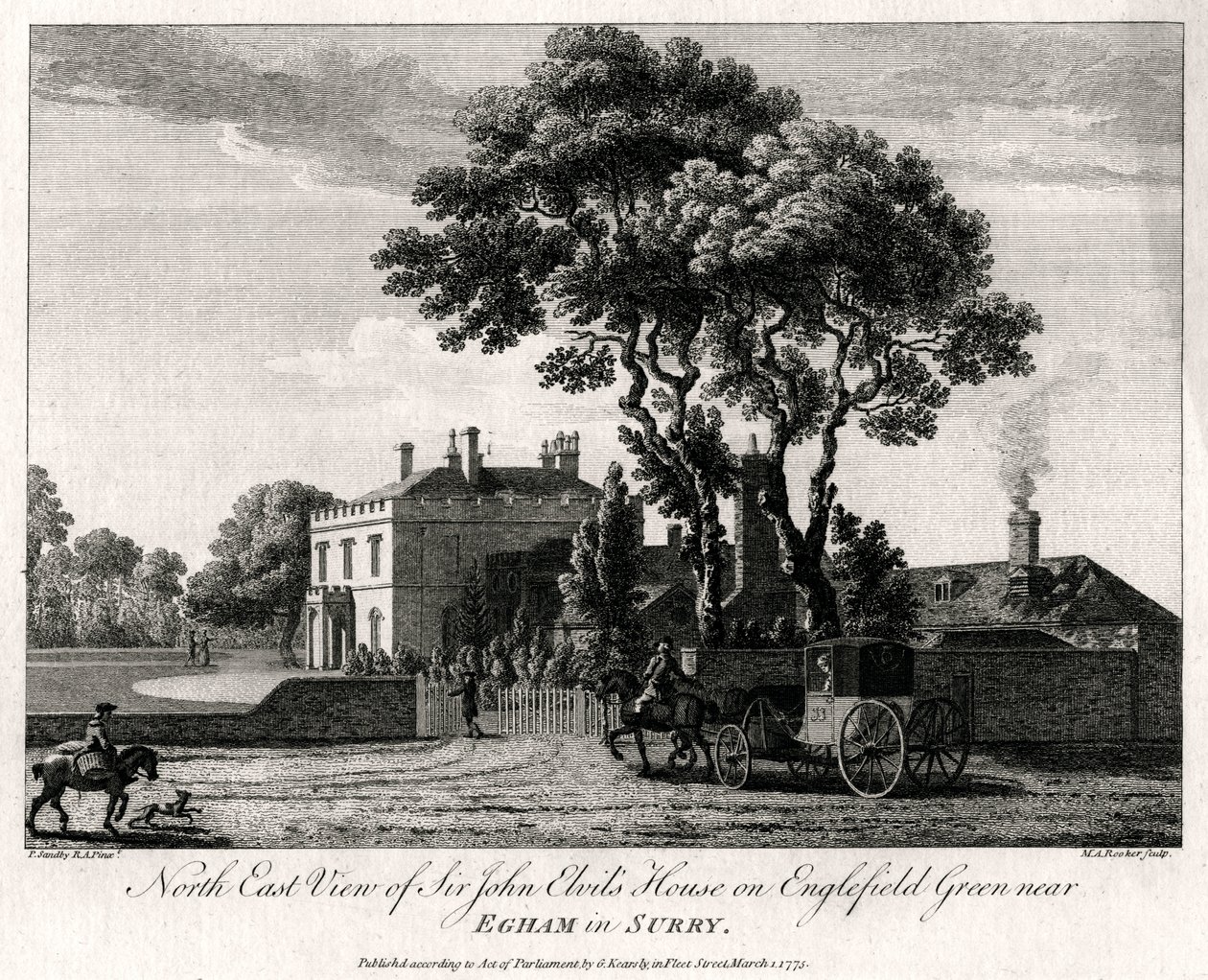 North East View of Sir John Elvils House på Englefield Green nær Egham i Surry, 1775 av Michael Angelo Rooker