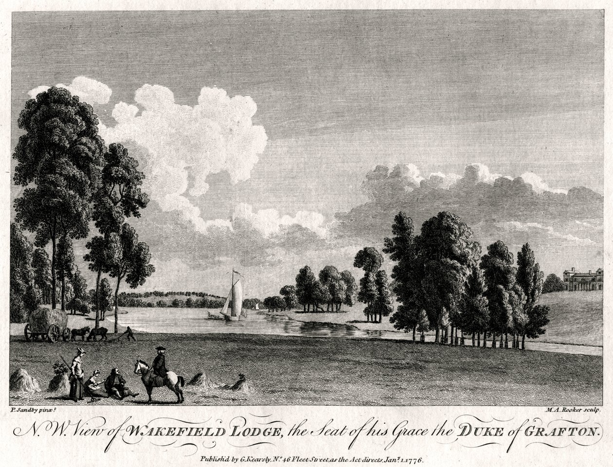 Nordvest-utsikt over Wakefield Lodge, setet for hans nåde, hertugen av Grafton, 1776 av Michael Angelo Rooker