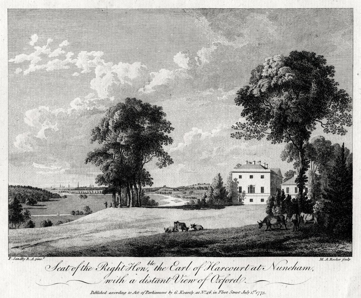 Sete for den høyre ærede jarlen av Harcourt i Nuneham, med en fjern utsikt over Oxford, 1775. av Michael Angelo Rooker