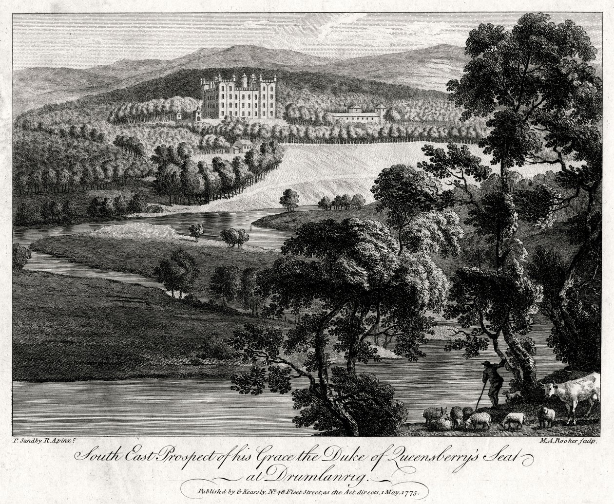 South East Prospect of his Grace the Duke of Queensberrys sete ved Drumlanrig, Skottland, 1775 av Michael Angelo Rooker