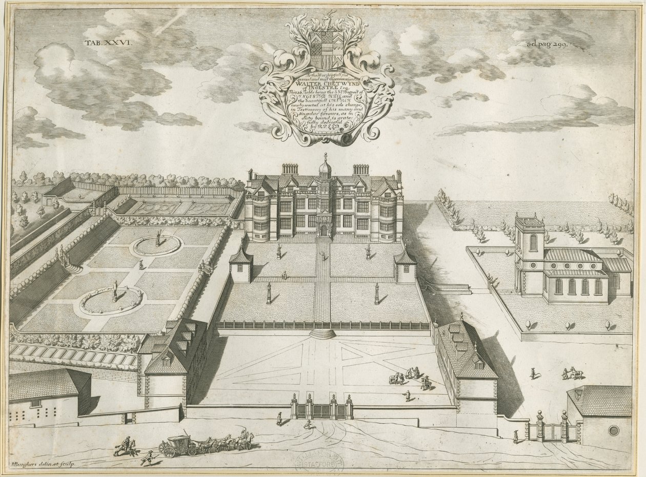 Ingestre Hall: kobberstikk, nd [1653-1686] av Michael Burghers