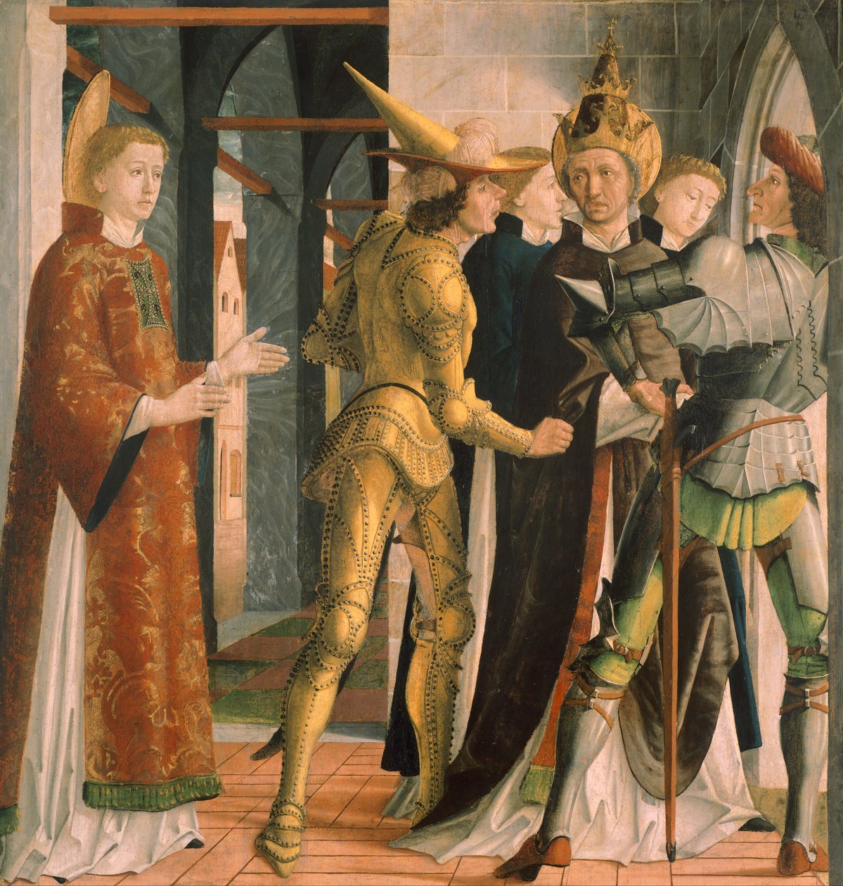 Pave Sixtus II tar permisjon fra Saint Lawrence, ca. 1465, av Michael Pacher (ca. 1430-1498), panel av Michael Pacher