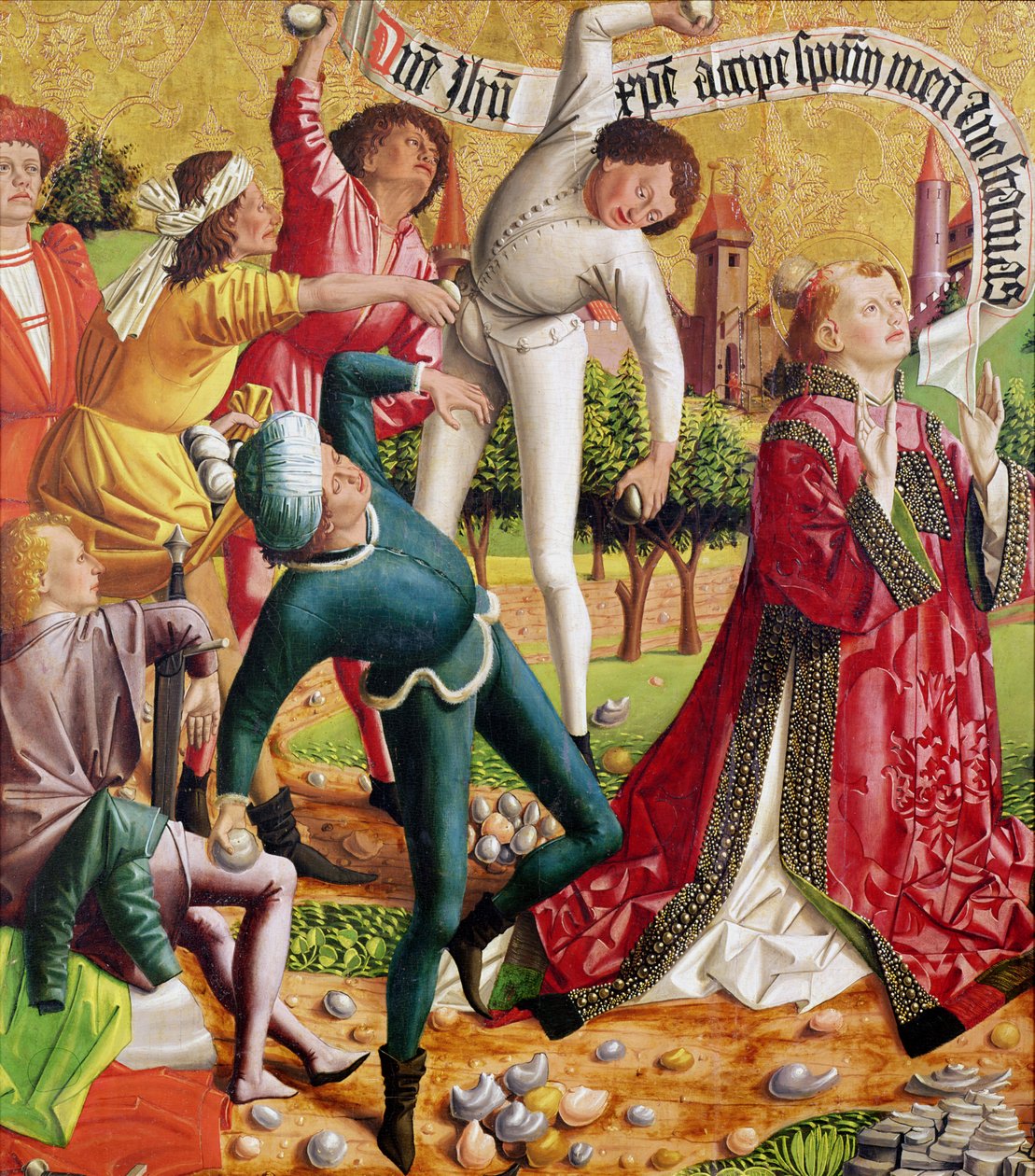 Steiningen av St. Stefan, fra altertavlen til St. Stefan, ca. 1470 av Michael Pacher