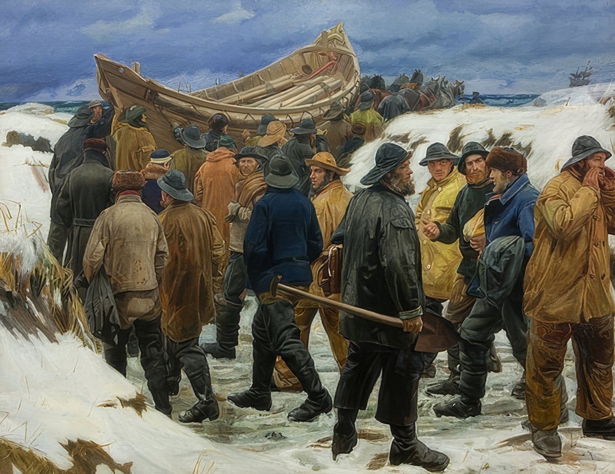 Livbåten kjøres gjennom sanddynene. 1883 av Michael Peter Ancher