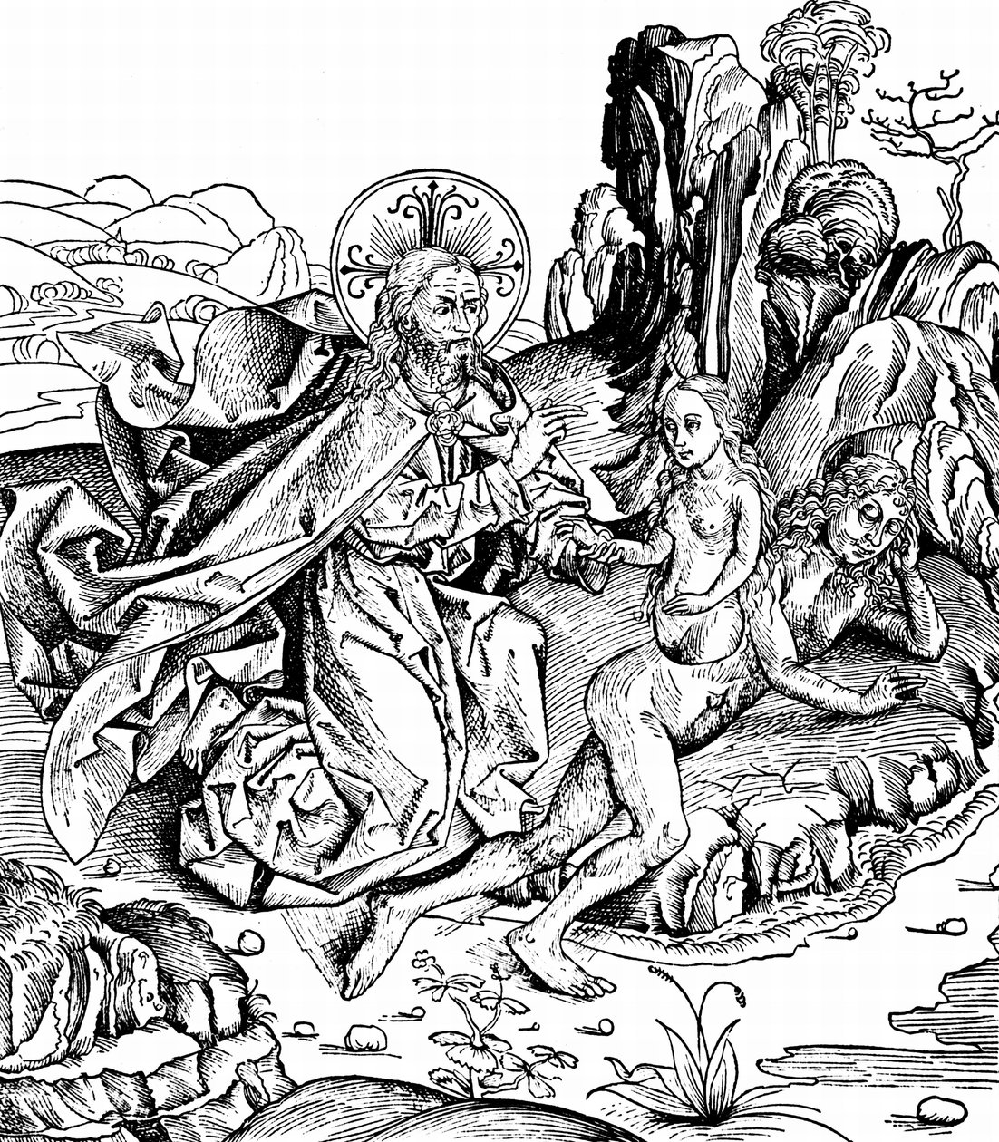 Etter å ha skapt universet, jorden og alle levende skapninger, inkludert mennesket, la Gud Adam i dyp søvn og skapte Eva av Adams ribbein. Fra Hartmann Schedel Liber chronicarum mundi av Michael & Pleydenwurff W. (d.1494) Wolgemuth