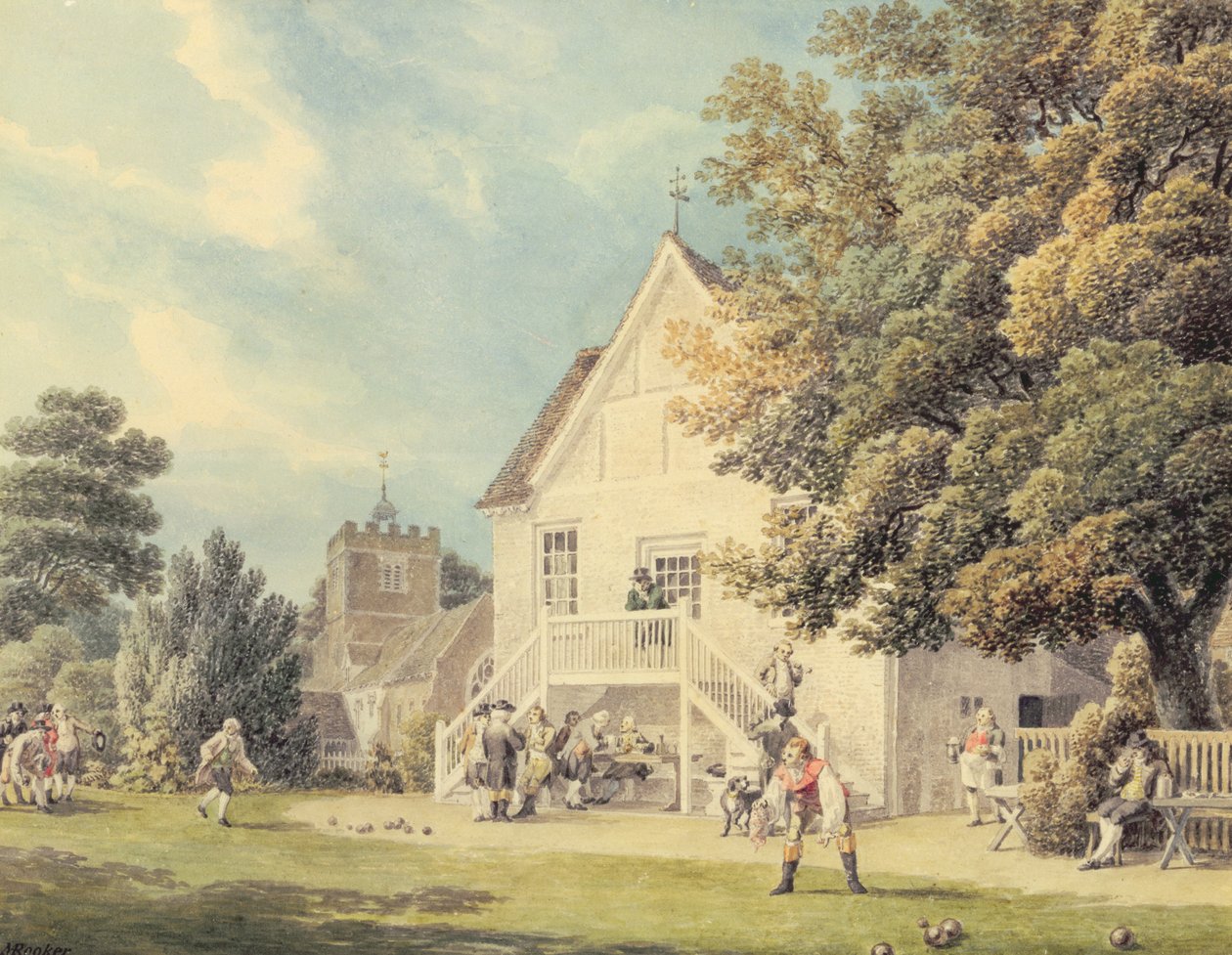 A Game of Bowls på Bowling Green utenfor Bunch of Grapes Inn, Hurst, Berkshire av Michael Rooker