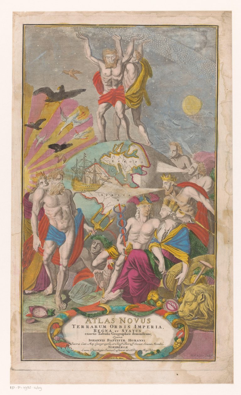 Atlas en Hercules bærer sternerhemel Tittelside for: Johann Baptista Homann, Atlas Novus Terrarum Orbis Imperia, Regna og Status Exacte Tabulis Geographicè Demonstrants, 1729 av Michael Rössler