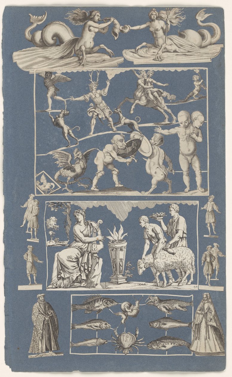 Collage av utklippede bilder limt på et albumark med blått papir Naturens underverker av Michael Snijders (attributed to)