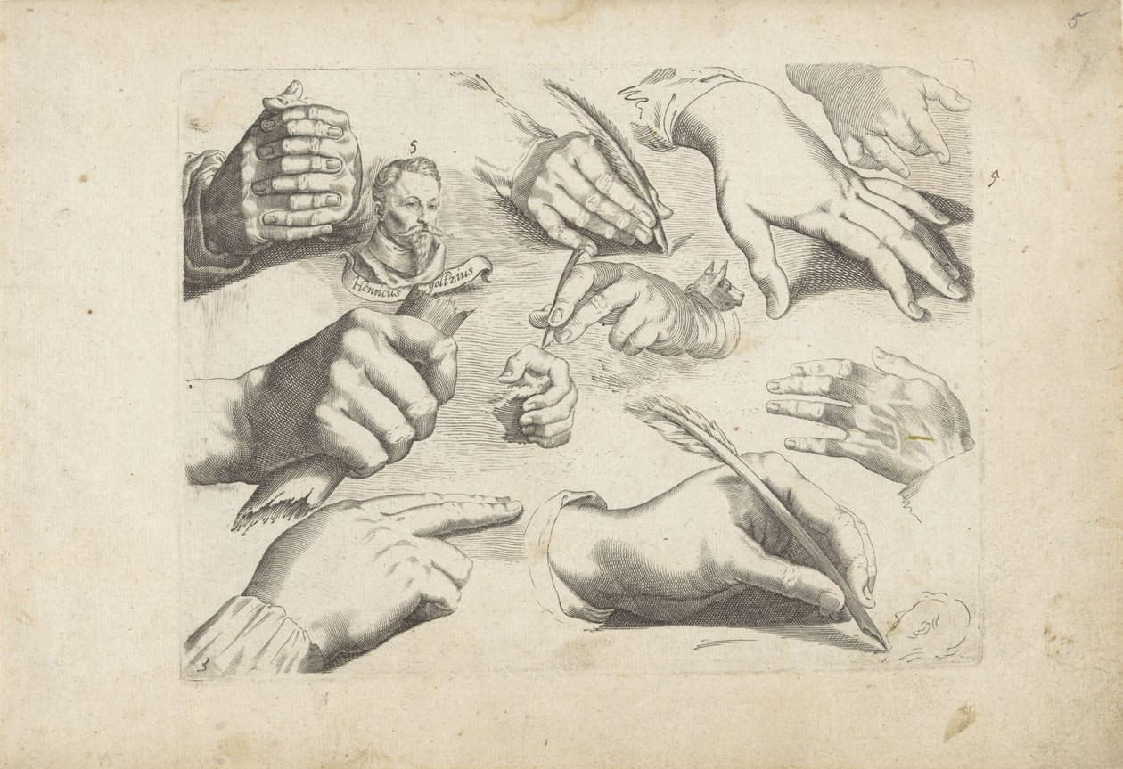 Tegneark med tegneeksempler: hender og portrett av Hendrick Goltzius av Michael Snijders