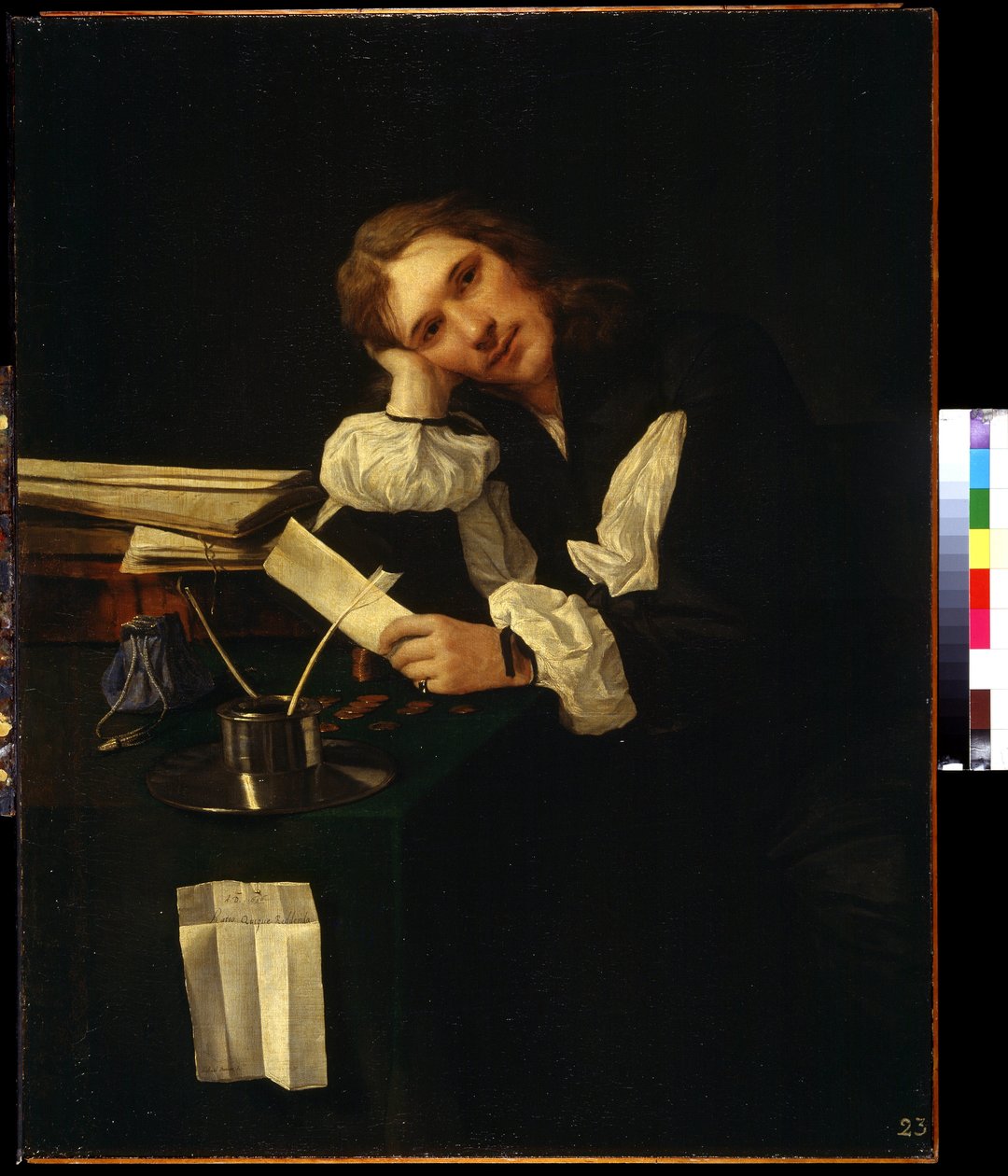 Portrett av en ung mann, selvportrett (Portrett av en ung mann, selportrett). Maleri av Michiel Sweerts (1618-1664). Olje på lerret av Michael Sweerts
