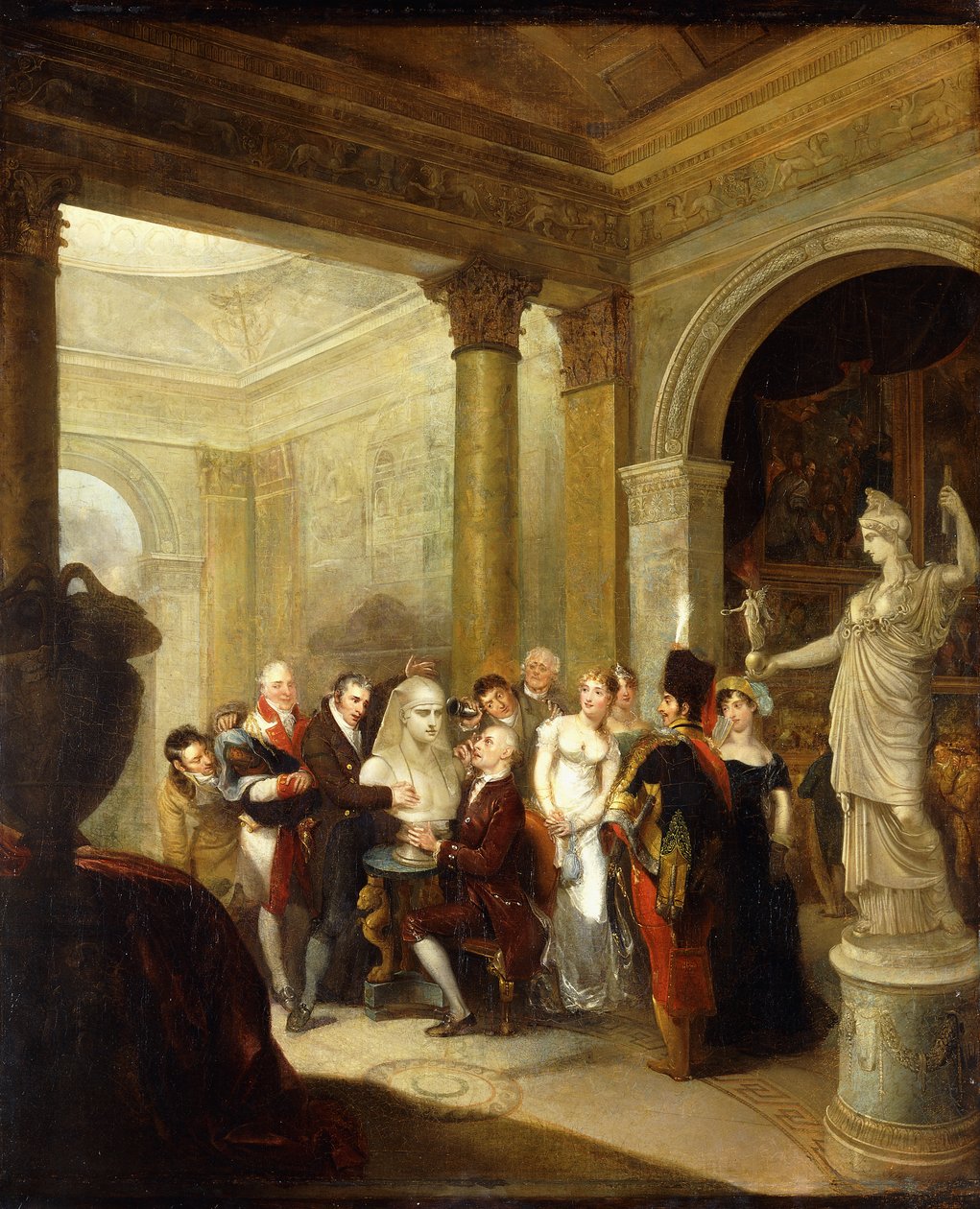 Et Capriccio-interiør med en gruppe damer og herrer som undersøker en byste av Antinous, med Hope Athene og et bildegalleri bortenfor til høyre; en kuppelformet salong til venstre, 1811 av Michael William Sharp