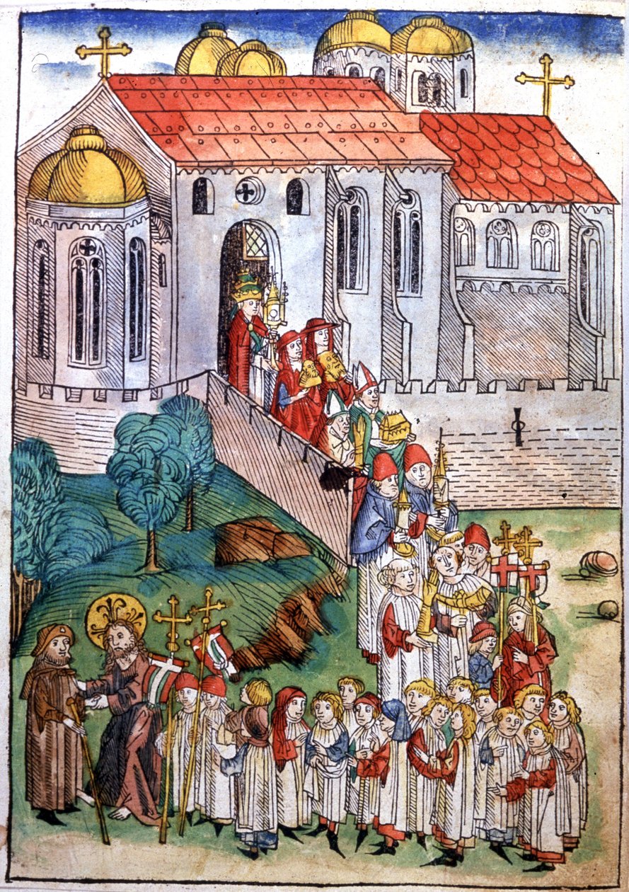 Pilegrimsreise i Saint James of Compostelle, gravering, sent på 1400-tallet av Michael Wohlgemuth