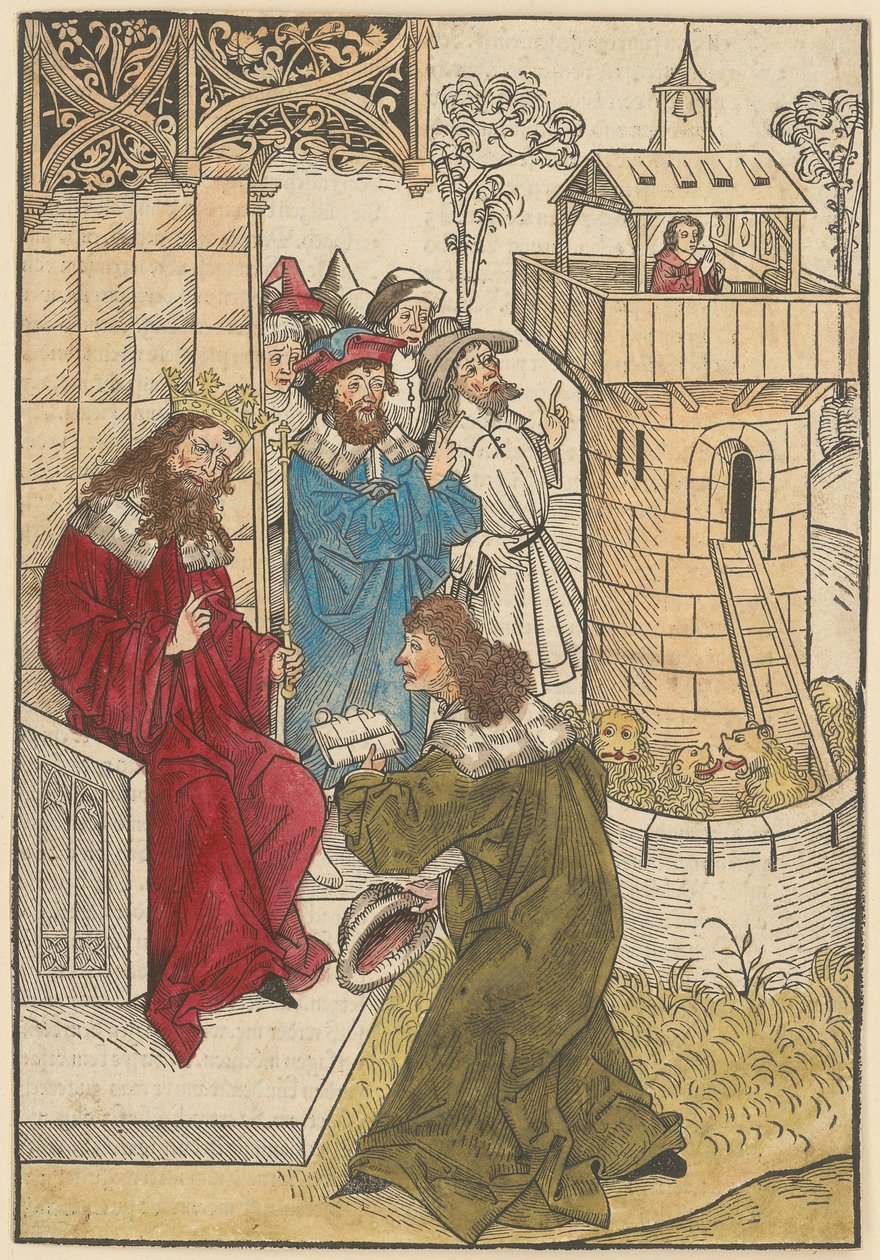Ein Fürst kniet vor König Darius und der betende Daniel über der Löwengrube av Michael Wolgemut