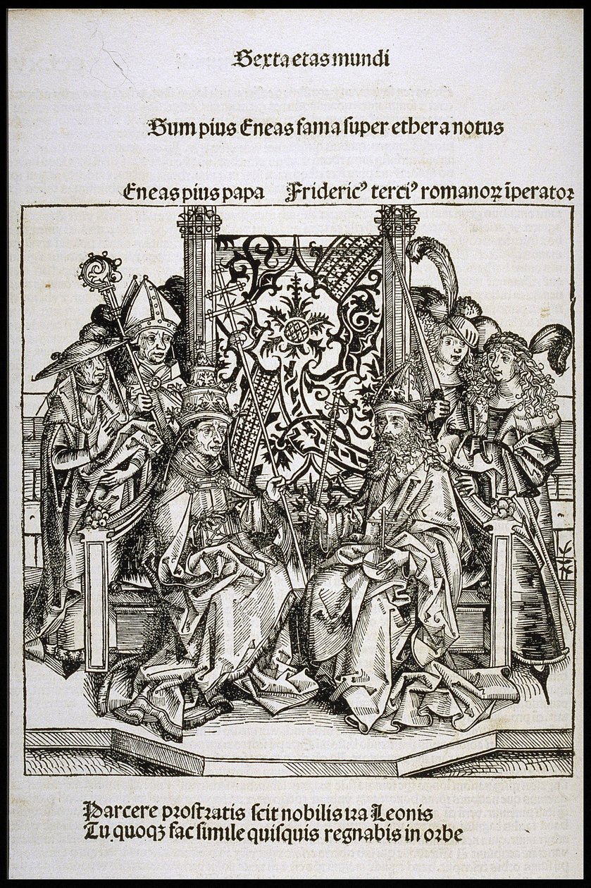 Møte mellom pave Pius II og Frederik III, keiser av Tyskland, ca 1493. av Michael Wolgemut