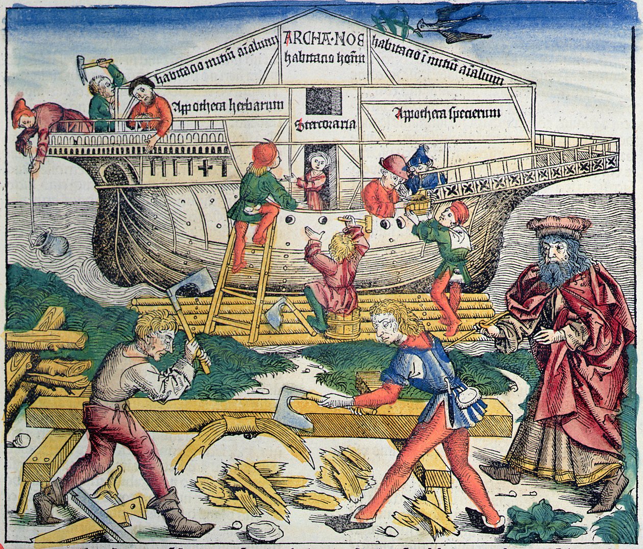 The Building of Noahs Ark, fra Nürnberg Chronicle av Hartmann Schedel, 1493 (fargetresnitt) av Michael Wolgemut