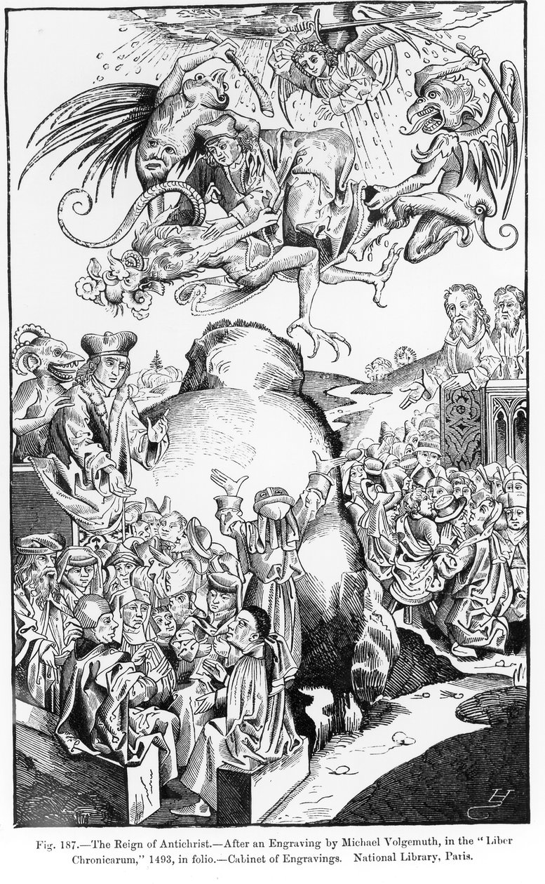 The Reign of Antichrist, fra Liber Chronicarum, utgitt i 1493, illustrasjon fra, Science and Literature in the Middle Ages and Renaissance, skrevet og gravert av Paul Lacroix, 1878 (gravert av Michael Wolgemut