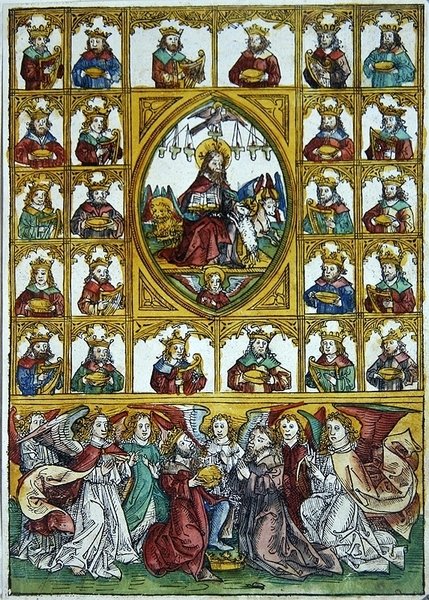 Jesus omgitt av symbolene til de fire evangelistene og mange konger som bærer harper og gullbegre av Michael Wolgemut or Wolgemuth