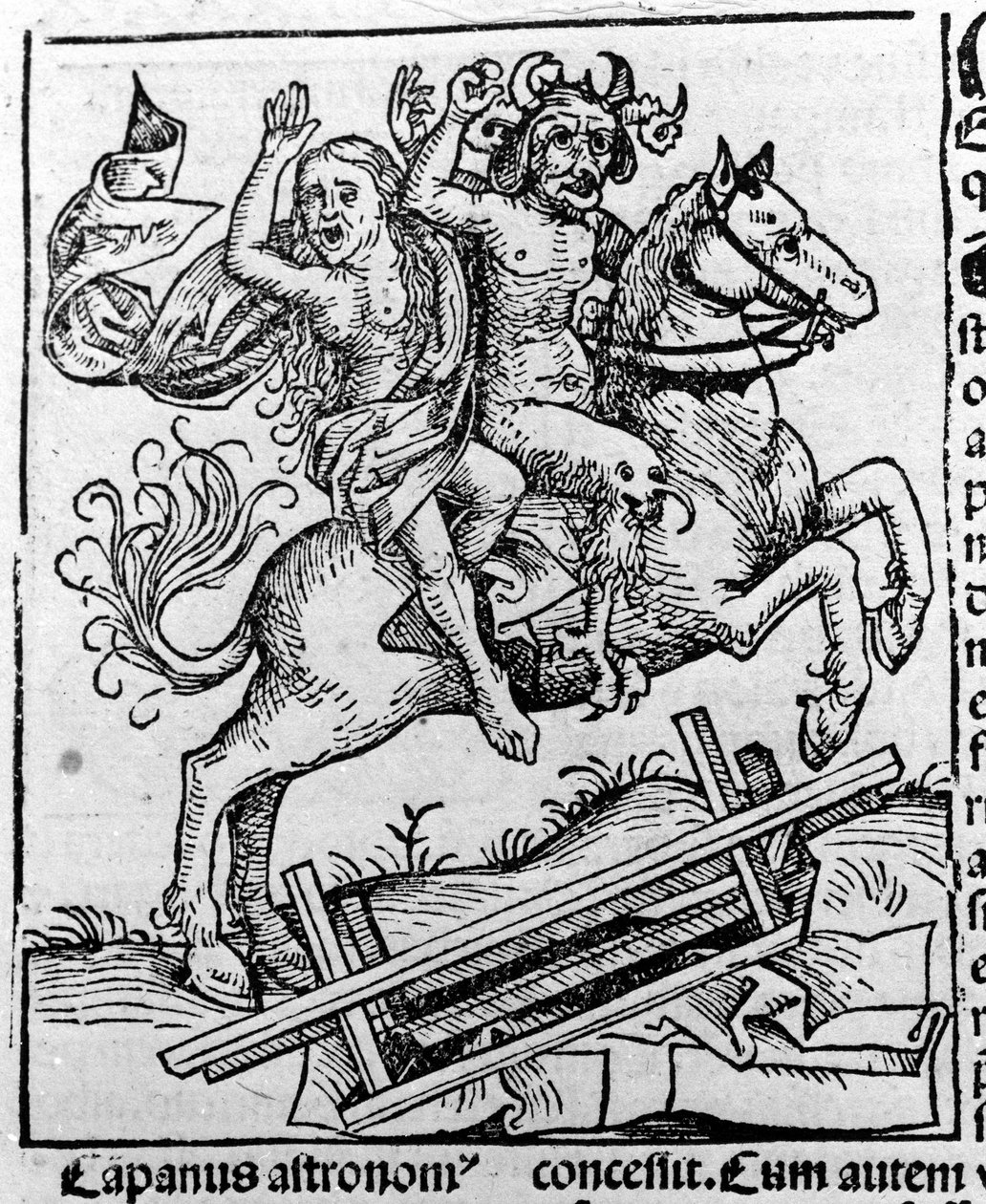 Djevelen og en heks som går for sabbaten av Hartmann Schedel Liber chronicarum Nürnberg 1493 av Michael Wolgemut or Wolgemuth