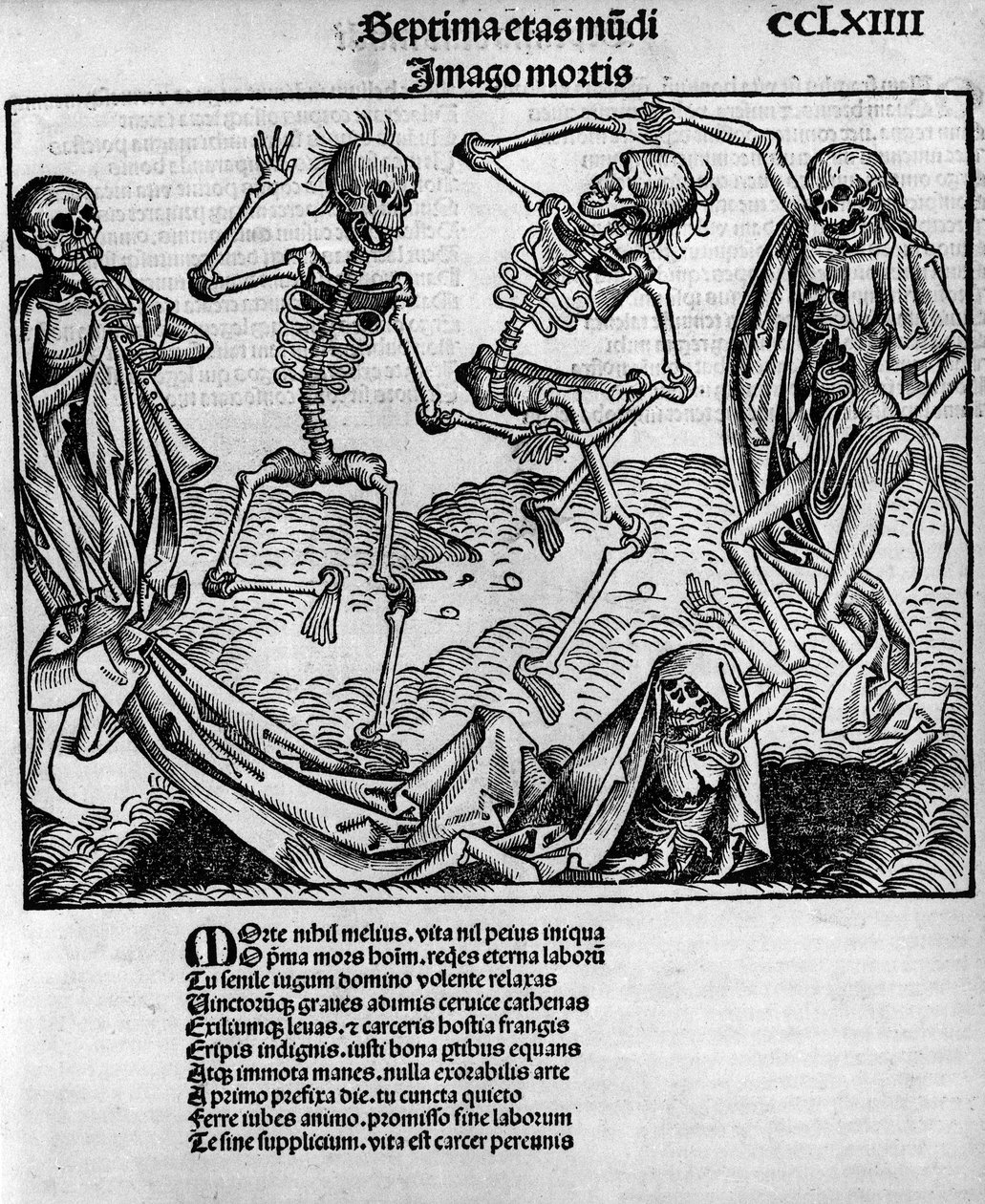 Makaber dansescene, med skjeletter, -i "" Chronicles of Nuremberg"" av Hartmann Schedel (1440-1514), redigert i Nürnberg av Anton Koberger, 12. juli av Michael and Pleydenwurff W. (d.1494) Wolgemuth
