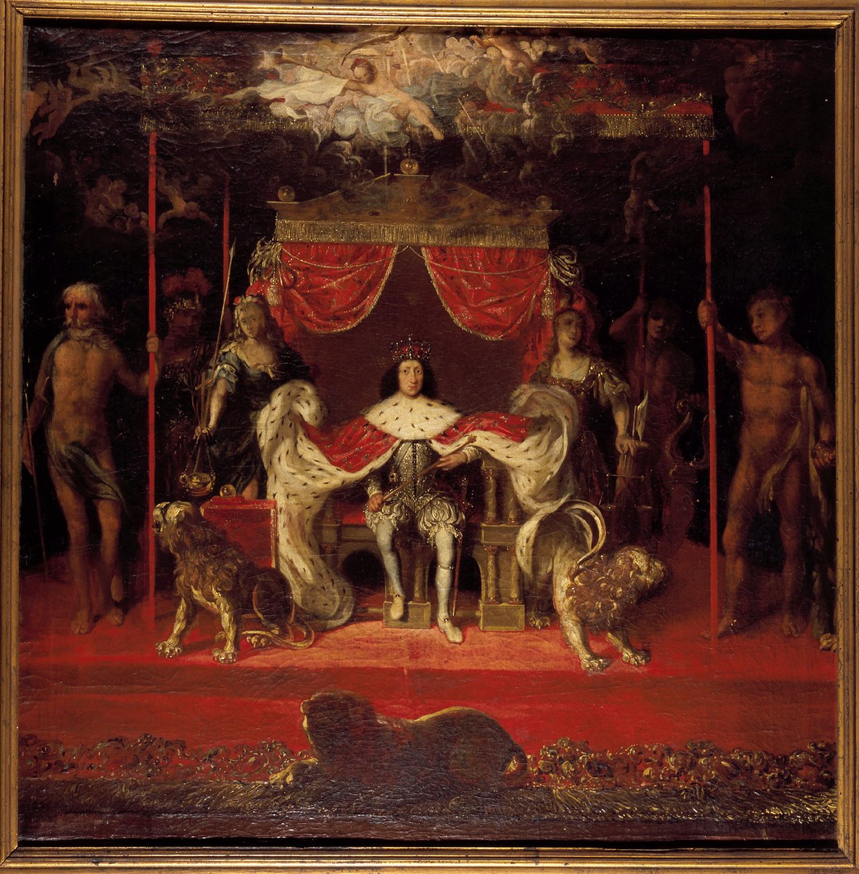 Portrett av Christian V av Danmark 1646-1699 på tronen i Frederiksborg slott. av Michael van Haven
