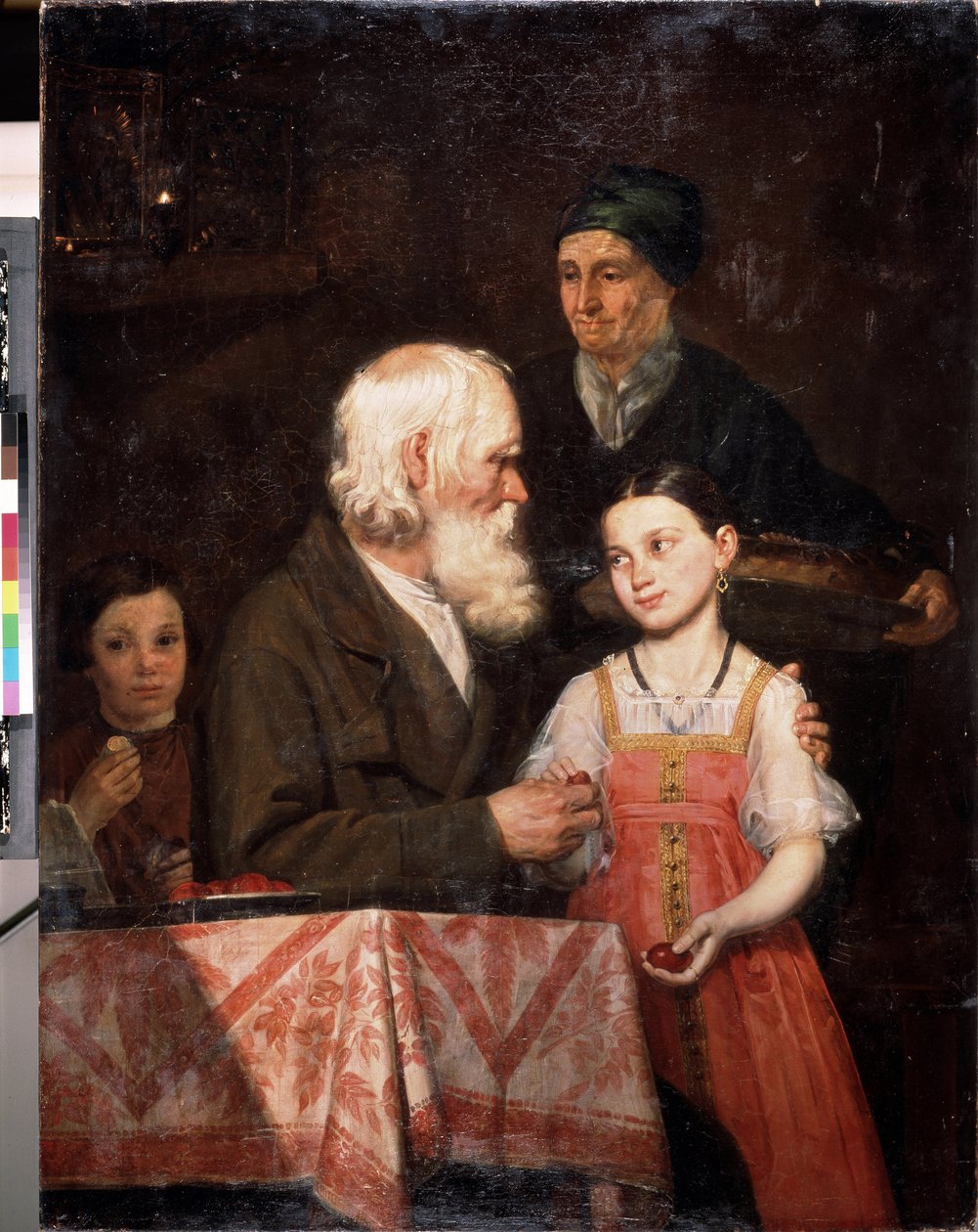 Påske. En gammel mann gir egg farget rødt til barnebarnet sitt, bestemoren tar med en tradisjonell påskebriosje. Maleri av Michail Andreevich Mokhov (1819-1903), olje på lerret av Michail Andreevich Mokhov