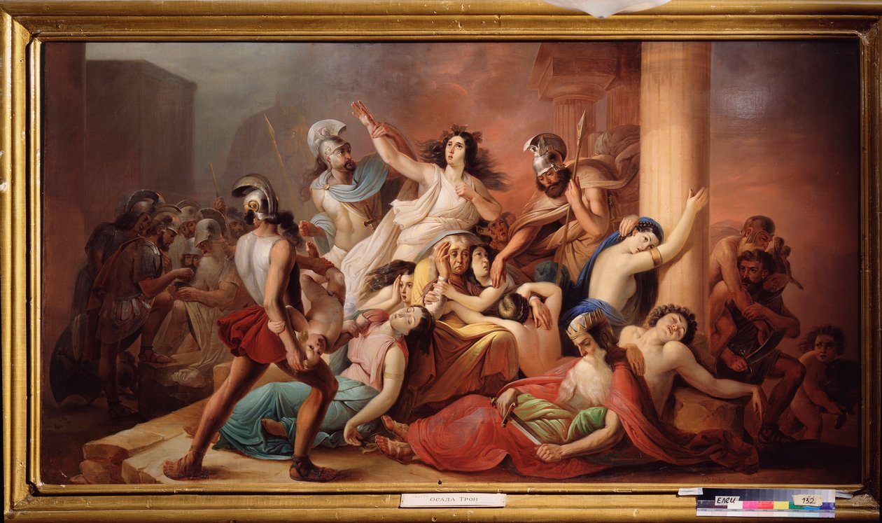 Trojas fall (De seirende greske krigerne fra beleiringen av den legendariske byen) - Trojas fall - Mikhail Ivanovich Skotti (1814-1861), olje på lerret - russisk kunst av Michail Ivanovich Skotti