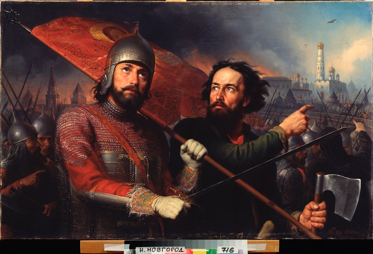 Det nasjonale opprøret til Kuzma (Kuzma eller Kozma) Minin (død i 1616) og grev Dmitri Pozharsky (Pozharsky) (1577-1642) (Befrielse av Moskva fra polsk okkupasjon i 1612) - Nasjonalopprøret til Kuzma Minin og grev Dmitry Maleri av Michail Ivanovich Skotti