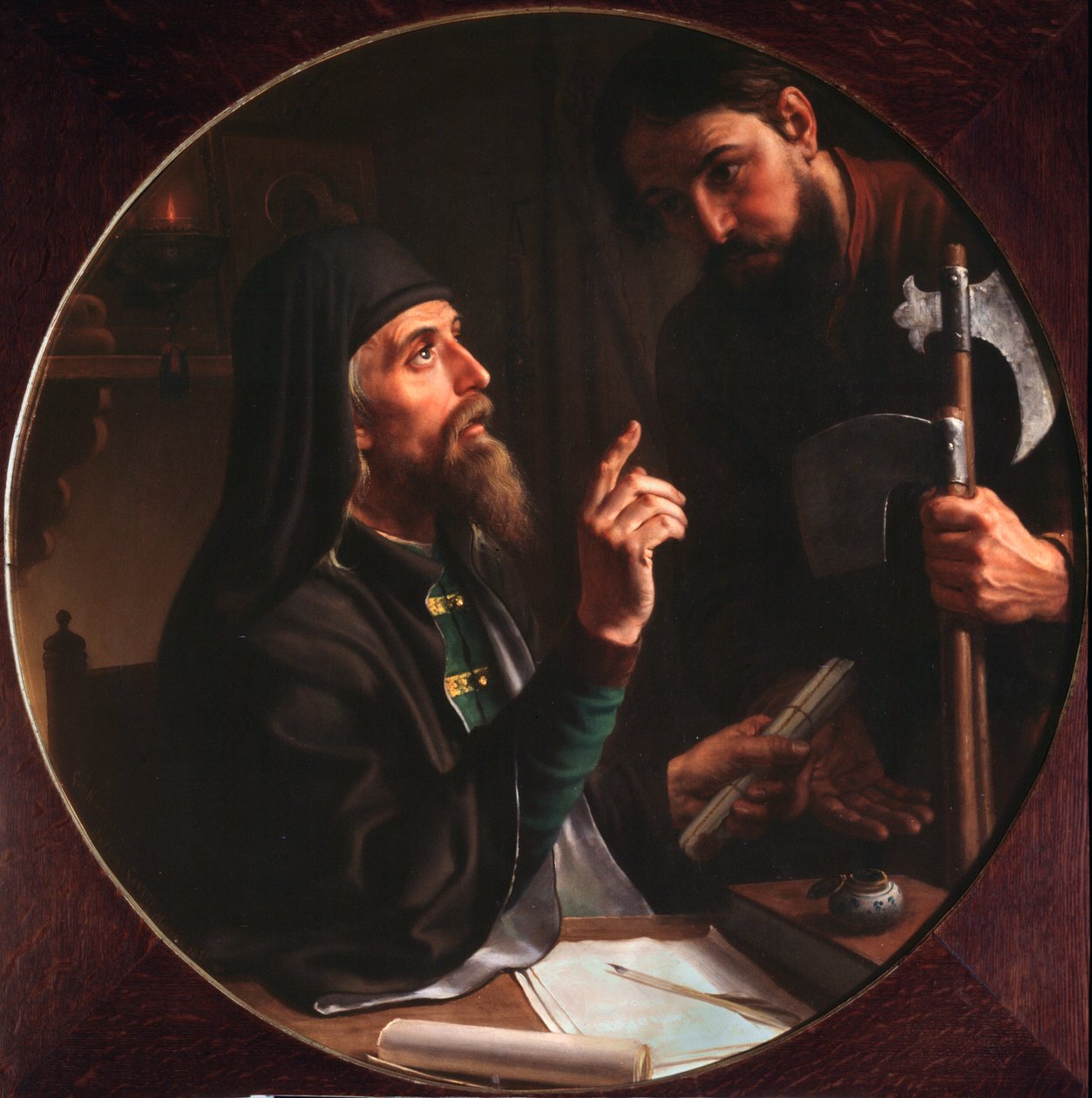 Higoumene (hegoumene) til laurbær av den hellige treenighet (Trinite-Saint-Serge) Dionysius Zobninovsky presenterer en kirkelig gjerning (Hegumen av Lavra Dionysius Zobninovsky presenterer en kirkelig gjerning) - Maleri av Mikhail Ivanovich Skotti (18). av Michail Ivanovich Skotti