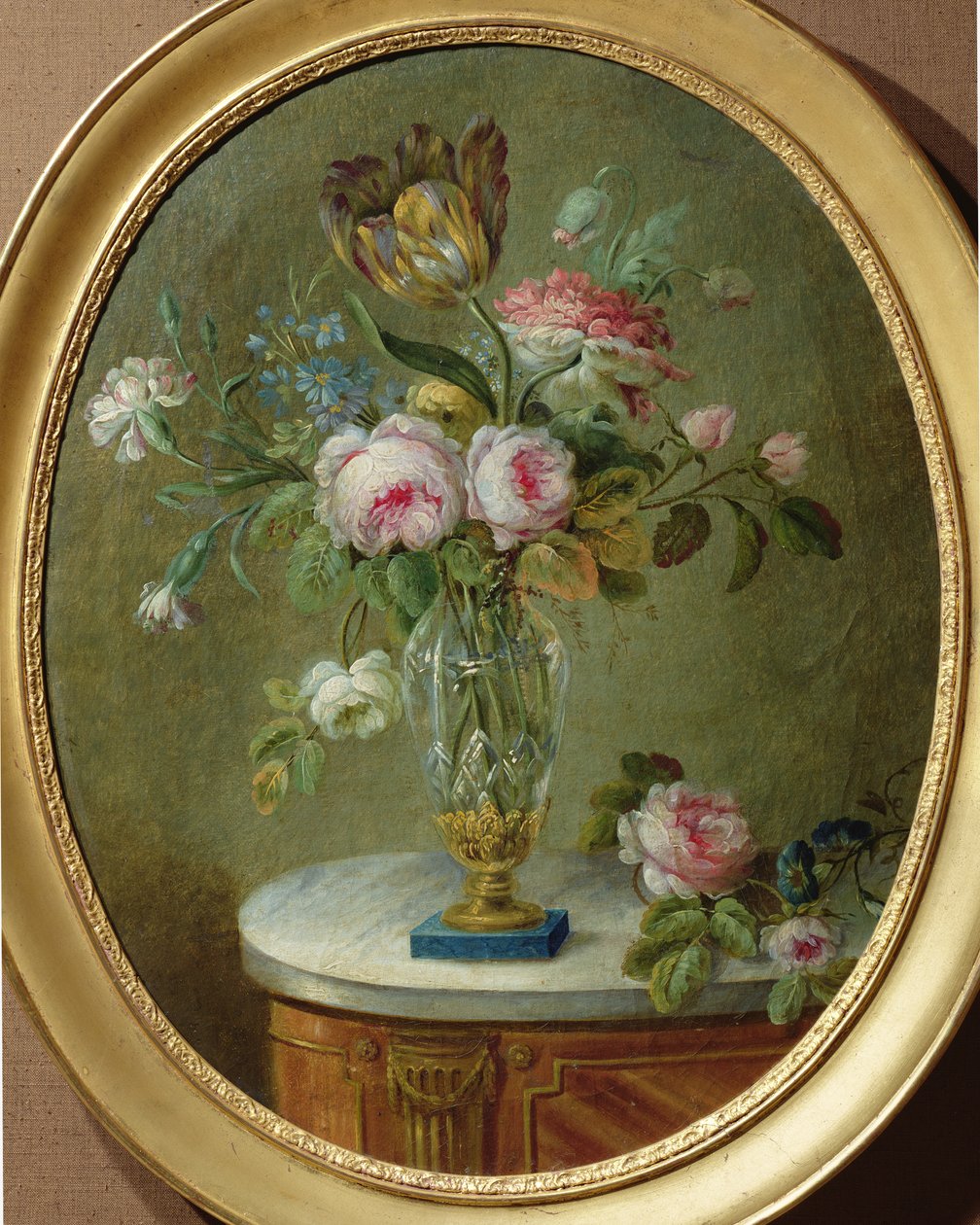 Vase med blomster på et bord av Michel Bellange